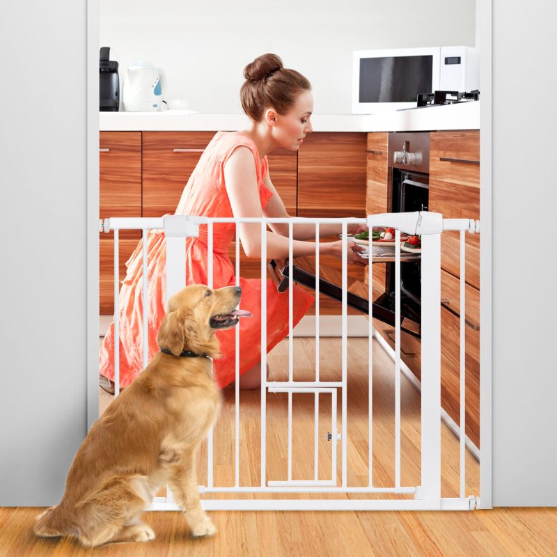 Comomy Extra Bred Pet Gate För Hund Katt Djur Baby Staket Pennor Med Svängdörr Kids Play 30" Tall Doggie För Trappor Dörröppning Vit/svart