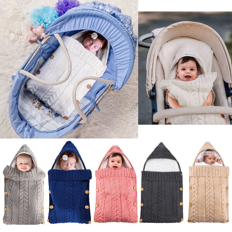 Vintervarm Spädbarn Baby Sovsäck Knapp Stickad Swadddle Swaddling Barnvagn Wrap Småbarnsfilt