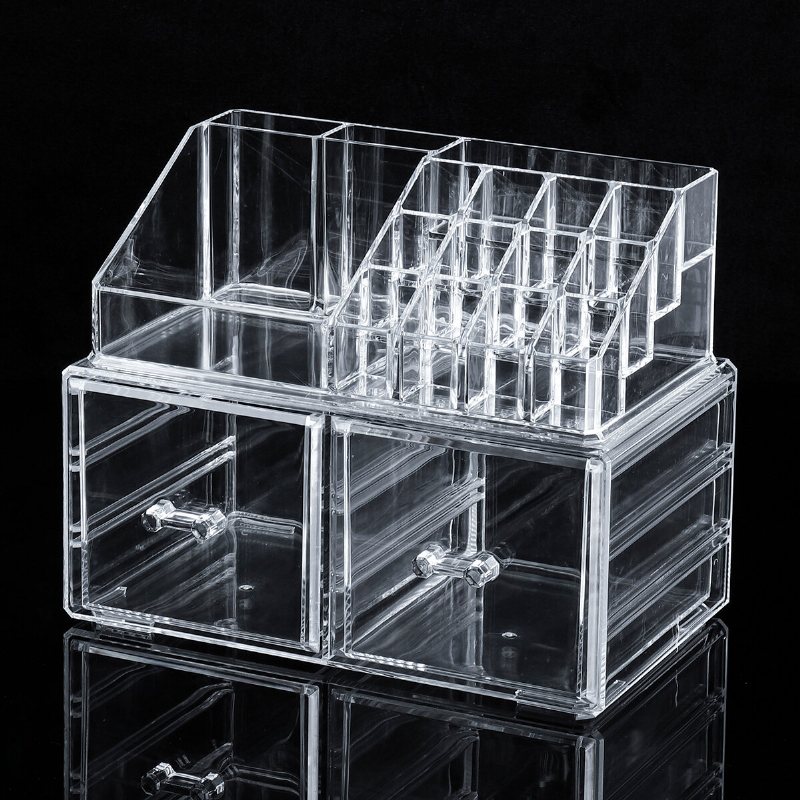 2 I 1 Jewerly Cosmetics Förvaringslåda Makeup Kombinationsförvaring Organizer Box Transparent Med Låda Läppstift Powder Display Box