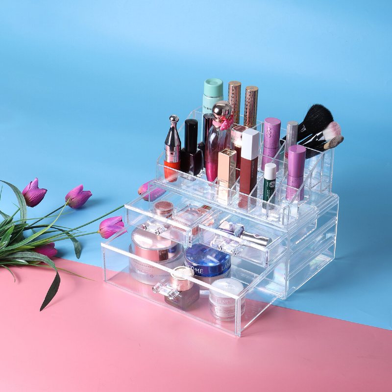 2 I 1 Jewerly Cosmetics Förvaringslåda Makeup Kombinationsförvaring Organizer Box Transparent Med Låda Läppstift Powder Display Box