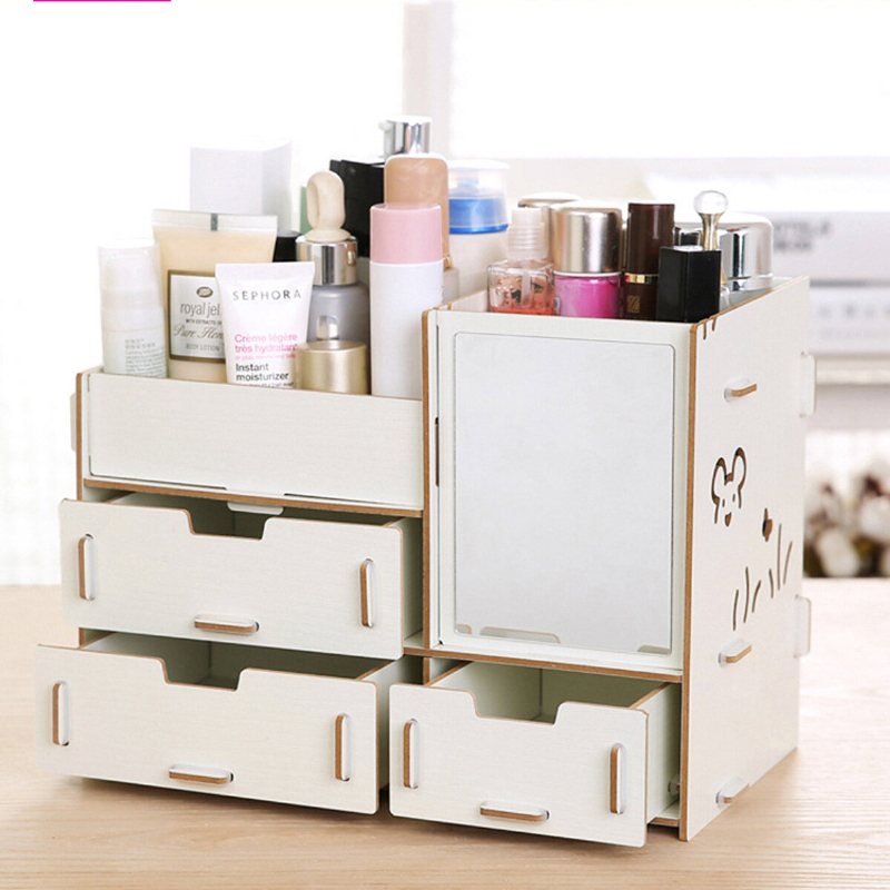 Desktop Förvaringsväska Trä Kosmetisk Låda Makeup Organizer Förvaringslåda Behållare För Hemmakontor