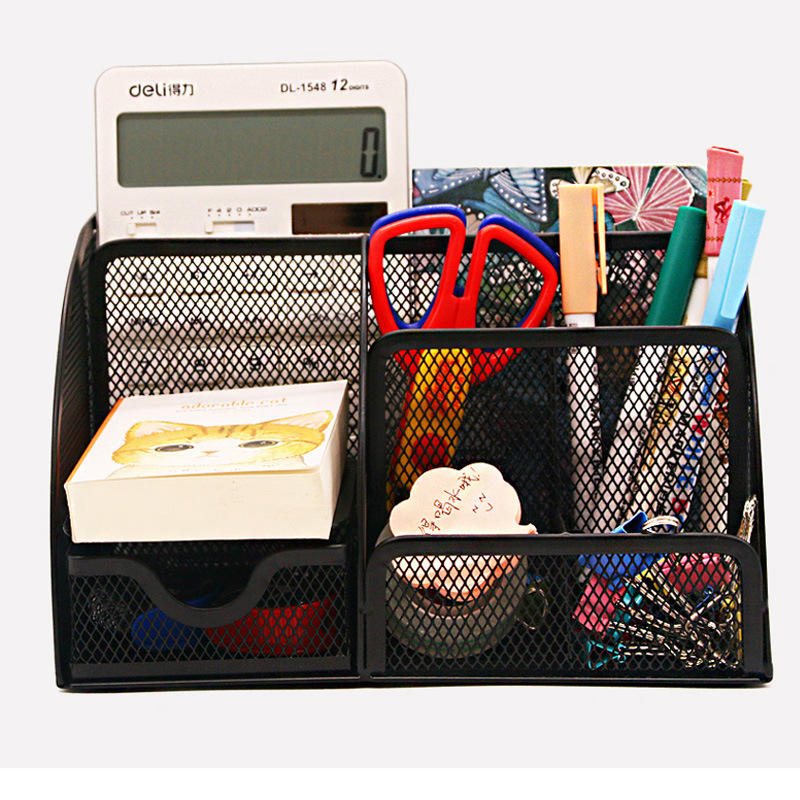 Metall Pennhållare Desktop Organizer Student Kosmetisk Makeup Förvaringsbox Ställ 7 Grids Skrivbord Tillbehör Behållare