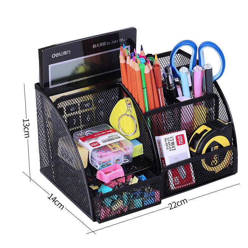 Metall Pennhållare Desktop Organizer Student Kosmetisk Makeup Förvaringsbox Ställ 7 Grids Skrivbord Tillbehör Behållare