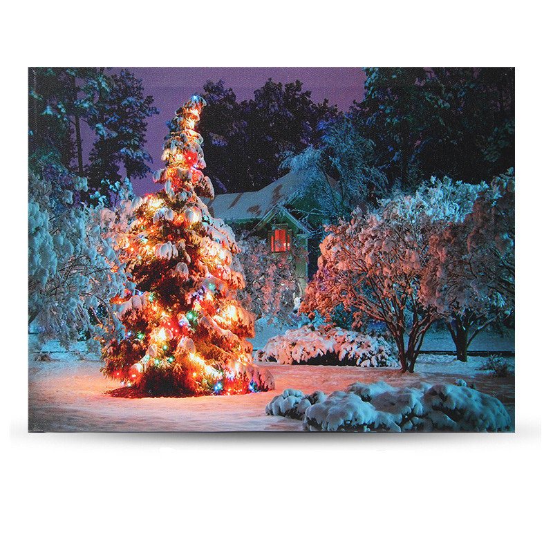 40 X 30 cm Batteridriven Led Jul Snöigt Hus Front Tree Xmas Canvastryck Väggkonst