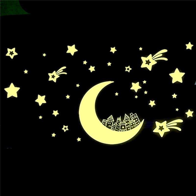 Glow In Dark Moon Star Luminous Stickers Avtagbara Väggdekal Vinyldekal Väggmålning Barnrumsinredning