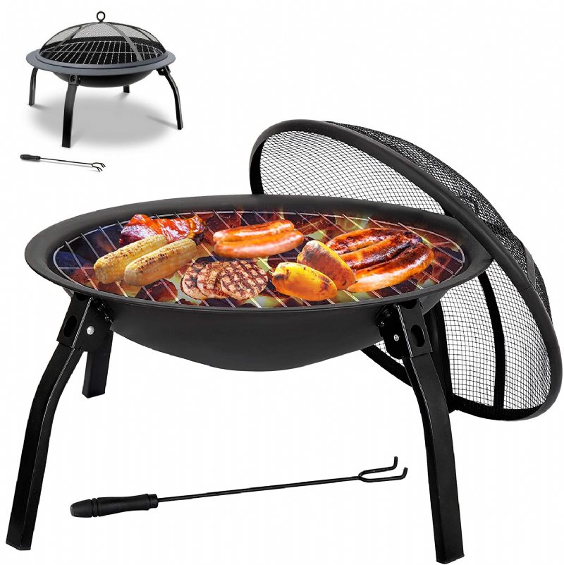 22 Tums Hopfällbar Ståleldstad Bbq Grill Rund Eldskål Lättviktig Med Stockgaller Mesh-överdrag Bbq Spis För Camping Picknick Bonfire Uteplats Trädgård