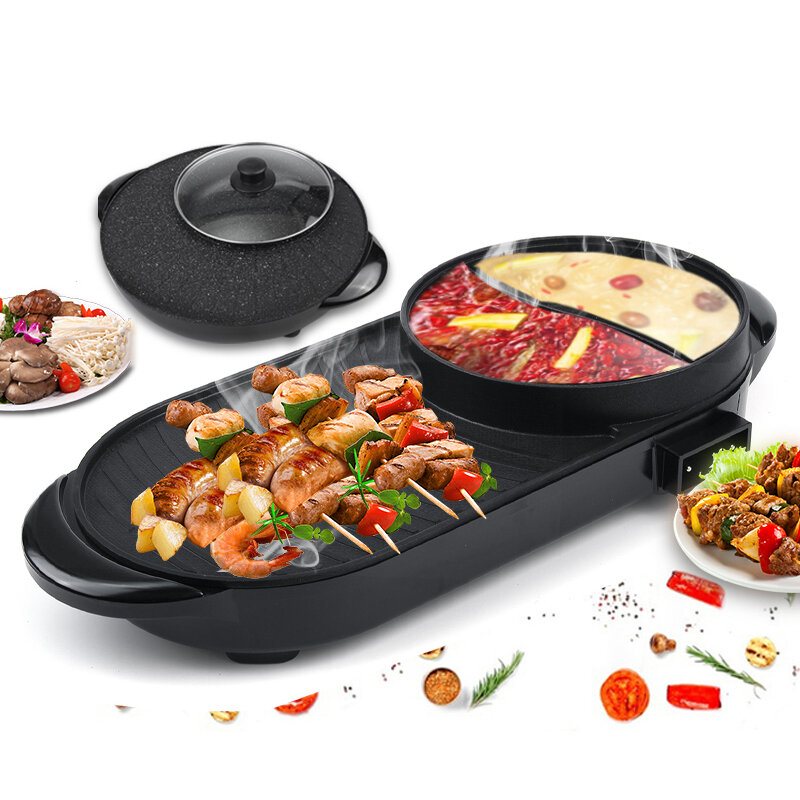 220v Elektrisk Multikokare 2-i-1 Hot Pot Bbq Ugn Rökfri Non Stick Grill Stekning Bakplåt