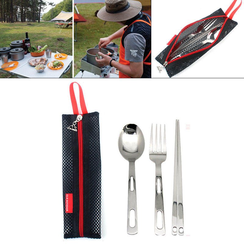 3 St Bärbar Utomhuscamping Picknickset Rostfritt Stål Gaffelsked Ätpinnar Med Porslinspåse