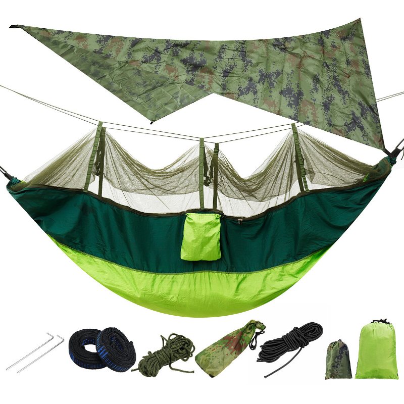 Lättvikts Bärbar Camping Hängmatta Och Tält Markis Regn Fluga Tarp 2000 Vattentät Myggnät Canopy 210t Nylon Hängmattor Trädband Solskydd Sky Skärmbelastning 300kg