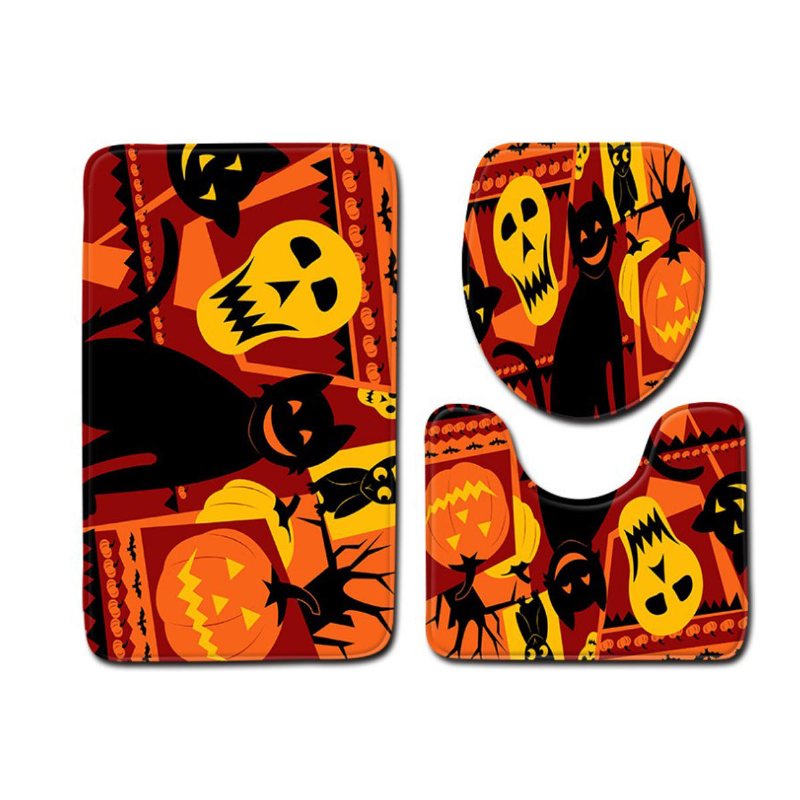 3pc Halloween Print Matta Badrum Halkfri Piedestal Lock Toalettöverdrag Badmatta Set