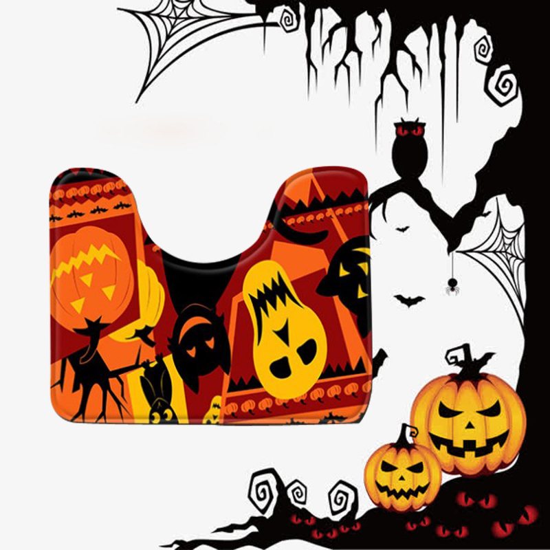 3pc Halloween Print Matta Badrum Halkfri Piedestal Lock Toalettöverdrag Badmatta Set