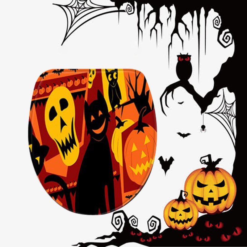 3pc Halloween Print Matta Badrum Halkfri Piedestal Lock Toalettöverdrag Badmatta Set