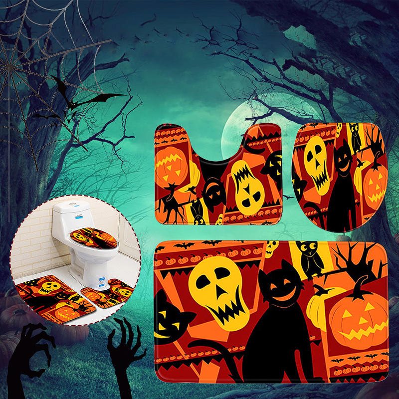 3pc Halloween Print Matta Badrum Halkfri Piedestal Lock Toalettöverdrag Badmatta Set