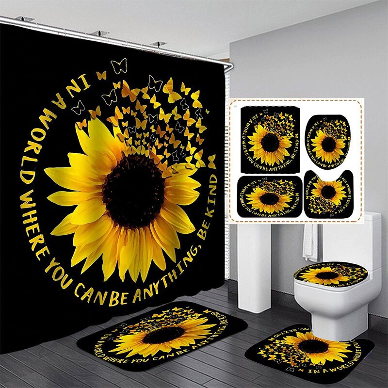 4st Sunflower Printing Vattentät Shwoer Gardin Set Anti-halk Dammtät Bad Toalett Sits Lock Golvmatta Set