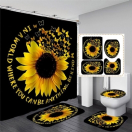 4st Sunflower Printing Vattentät Shwoer Gardin Set Anti-halk Dammtät Bad Toalett Sits Lock Golvmatta Set