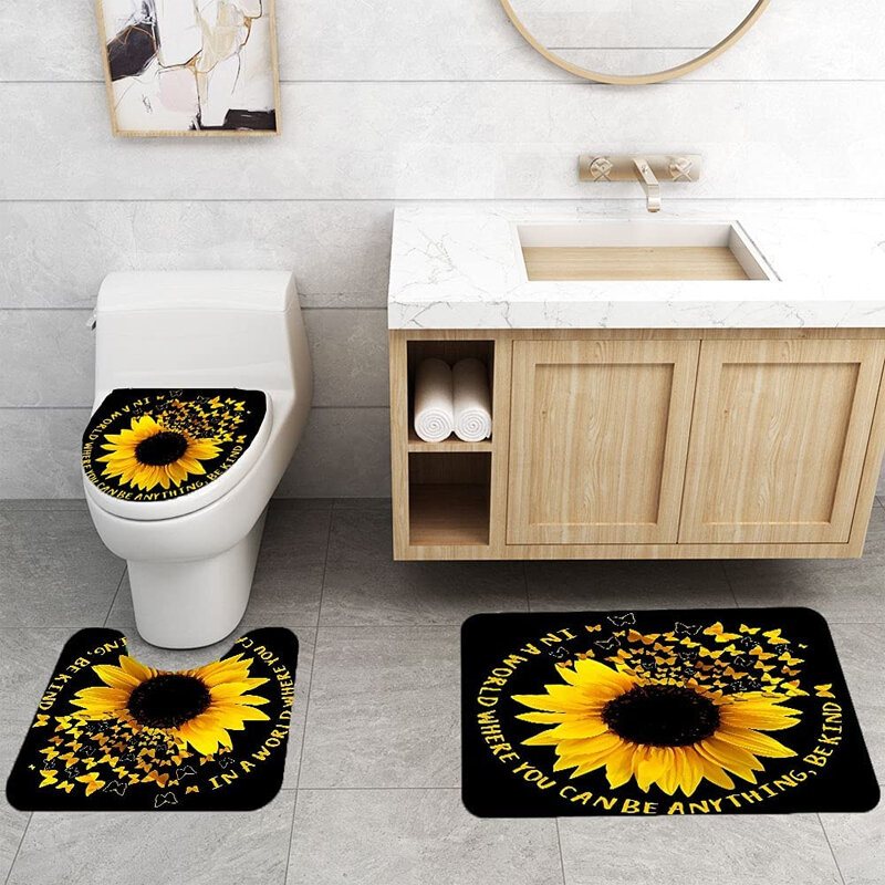 4st Sunflower Printing Vattentät Shwoer Gardin Set Anti-halk Dammtät Bad Toalett Sits Lock Golvmatta Set