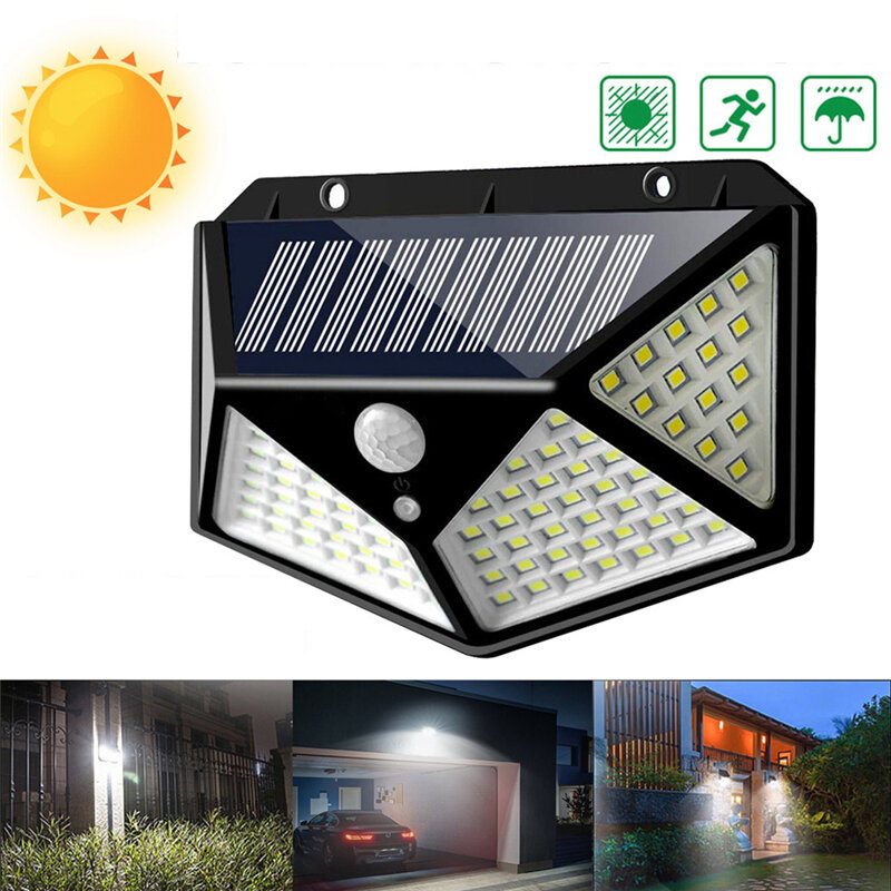 100 Led Solar Powered Pir Rörelsesensor Vägglampa Utomhus Trädgårdslampa 3 Lägen