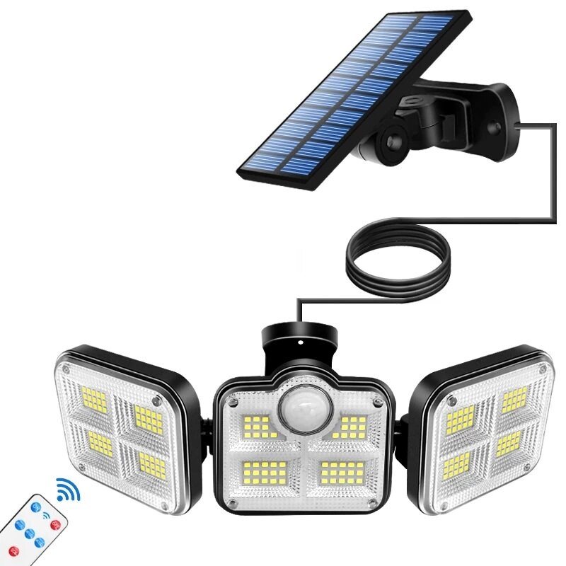 108/122/138/171 Led Solar Lights 3 Head Rörelsesensor 270° Vidvinkelbelysning Utomhus Vattentät Fjärrkontroll Vägglampa