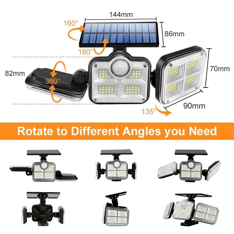 108/122/138/171 Led Solar Lights 3 Head Rörelsesensor 270° Vidvinkelbelysning Utomhus Vattentät Fjärrkontroll Vägglampa