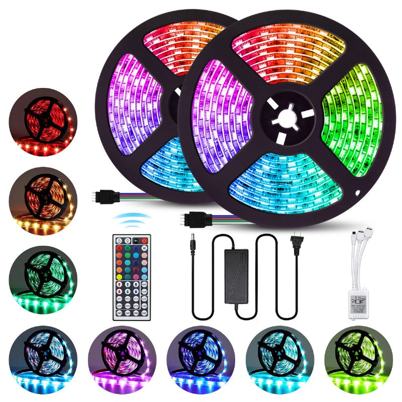 2st 5m 5050 Led Strip Light Rgb Vattentät Dekorativ Lampa + Strömförsörjning + 44 Keys Fjärrkontroll Dc12v