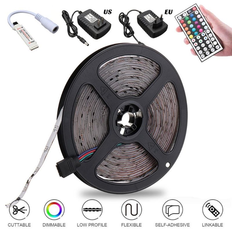 5m 3528 Vattentät Rgb Flexibel Led Strip Light+ir Controller+44keys Fjärrkontroll+eu Us Plug