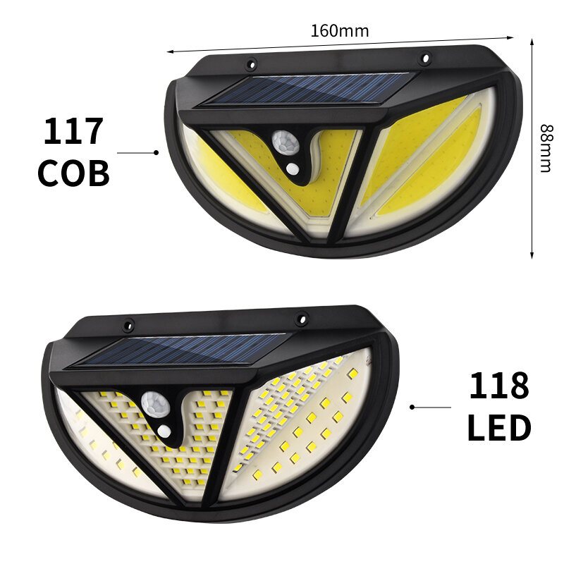 Arilux 118smd/ 117cob Led Solar Light Människokroppens Induktionsrörelsesensor Vägglampa Utomhus Vattentät Ip65