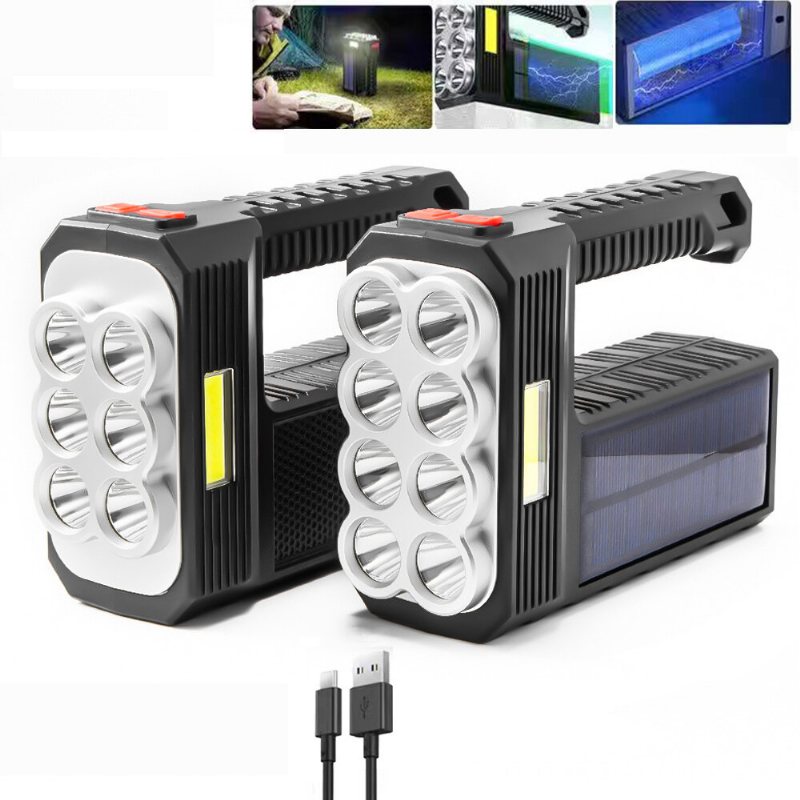 Bikight 8led+cob 4modes Super Ljus Bärbar Solar Ficklampa Usb Uppladdningsbar Strömindikator Söklykta Vattentät Stark Spotlight