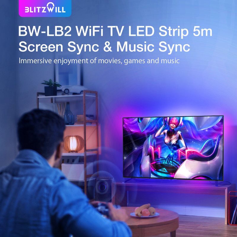 Blitzwill Bw-lb2 Wifi Tv Led Strip 5m Screen Sync & Music Tv Med Ljusfält På Samma Skärm Bare Board Magic Color Med Kontrollbox 2 Hdmi-kablar Smart Röststyrning Strömförsörjning 12v/3a