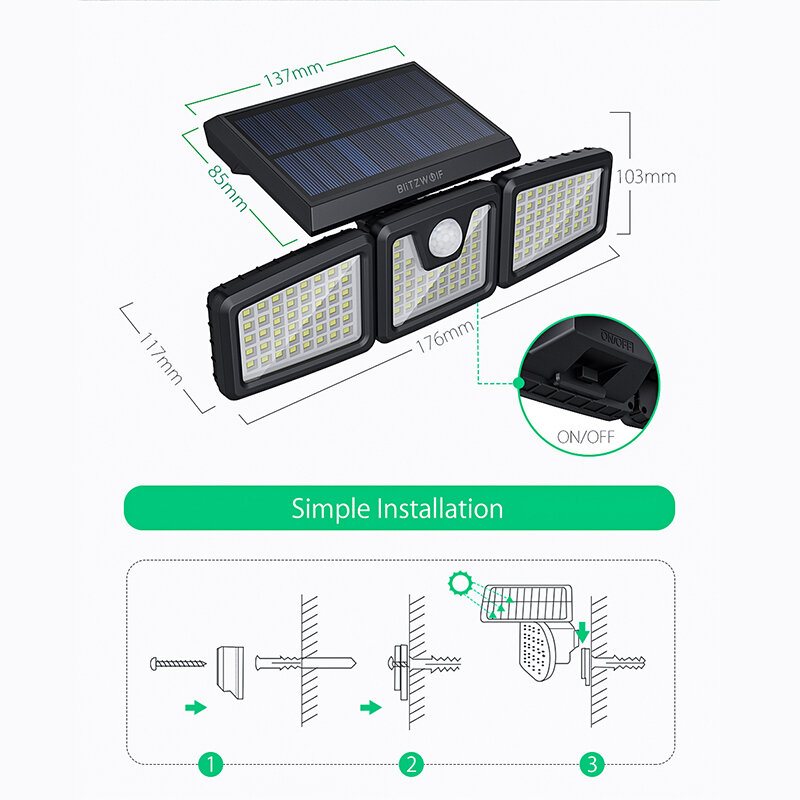 Bw-olt4 Roterbar 3 Huvuden Justerbar Vattentät 120°pir-sensor Solar Flood Light 6500k Vitt Ljus