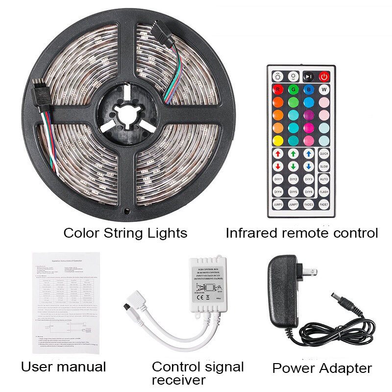 Dc12v 5m 2835 Smd Rgb Icke-vattentät Led Strip Light + 24keys Eller 44keys Ir Fjärrkontroll + Strömadapter