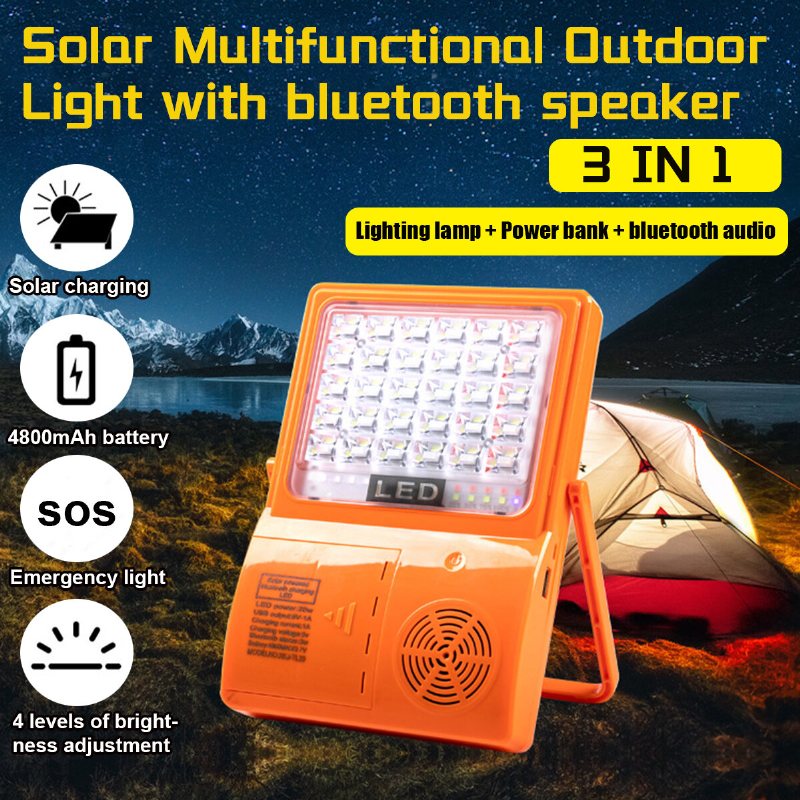 Multifunktion Utomhus Led Solar Light Portable Justerbar 4800mah 4 Nivåer Bluetooth Högtalarlampa