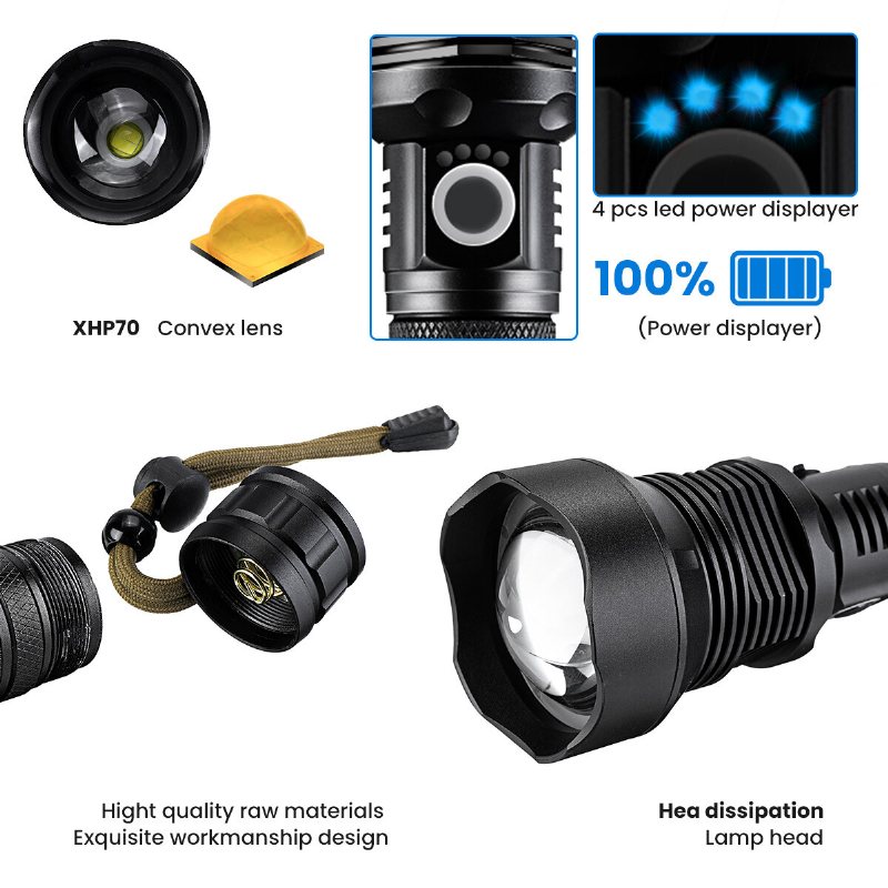 Outerdo Xhp70.2 90000 Lumens 26650 Batteri Led-ficklampa Usb Uppladdningsbar Utomhus Vattentät Taktisk Ficklampa