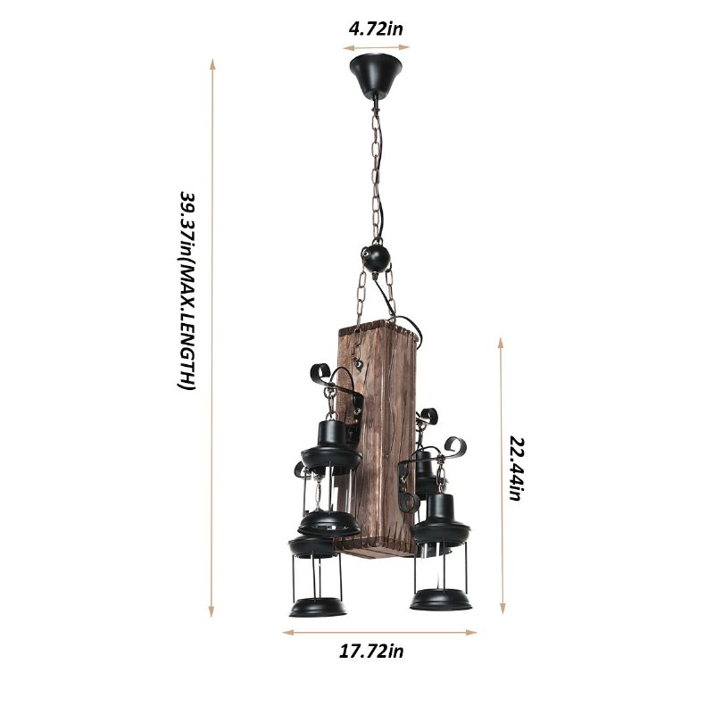 Rustik Trä 4 Huvuden Industriell Ljuskrona Järn Taklampa Hängande Ljus