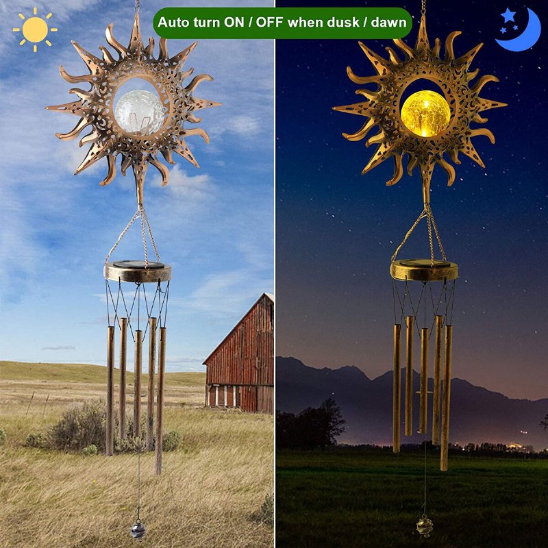 Solar Wind Chimes Smidesjärn Vindspel Månprojektion Hängande Utomhusdekoration Retro Brons Metall