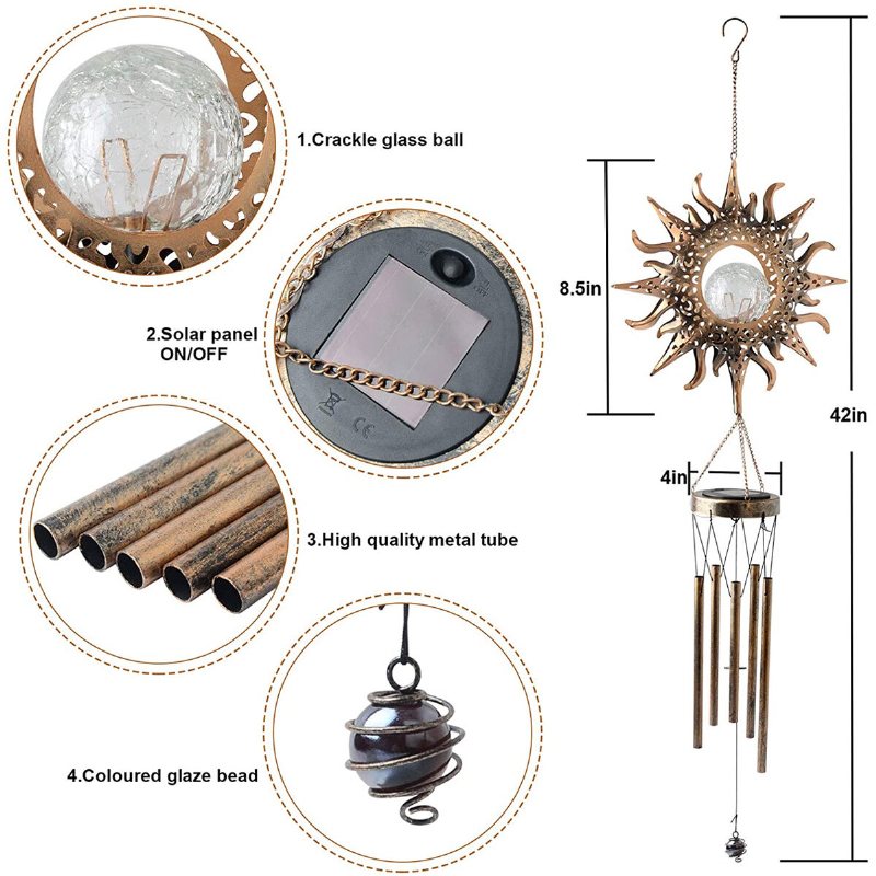 Solar Wind Chimes Smidesjärn Vindspel Månprojektion Hängande Utomhusdekoration Retro Brons Metall