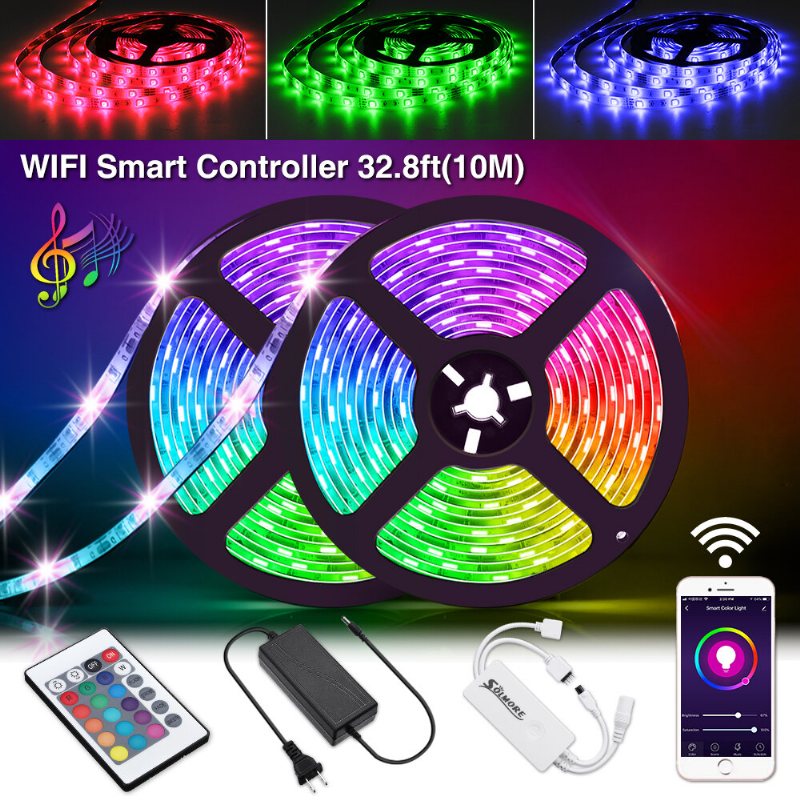 Solmore 2*5m Led Strips Wifi Trådlös Smart Phone App Kontroll 300 Led Strip Light Vattentät Ip65 Flexibla Rgb Stripes Med 24 Knappar Juldekorationer Clearance Christmas Lights