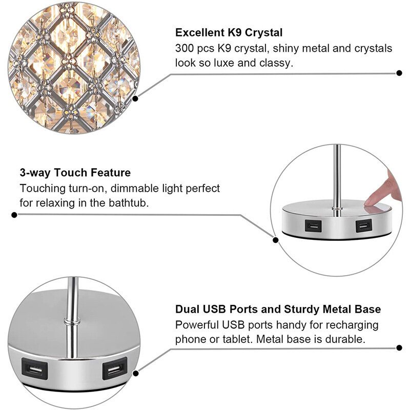 Usb Uppladdningsbar Skrivbordslampa I Kristall Touch-dimmer Sänglampor Led-nattlampa I Sovrummet Med Ljuskälla