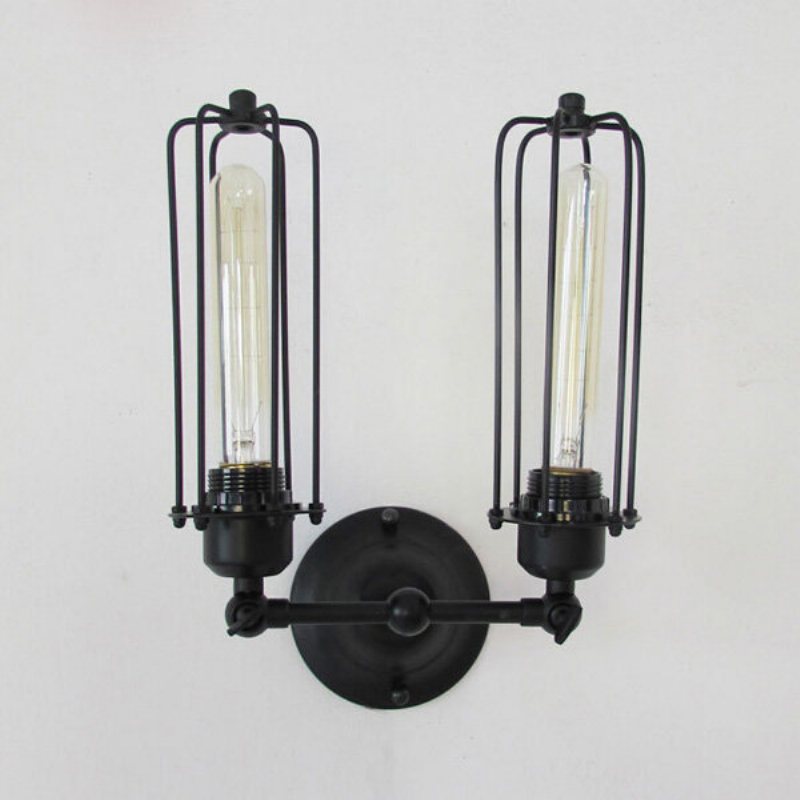 Vintage 2 Heads Loft Iron Cages Vägglampa Edison Country Style Lamp