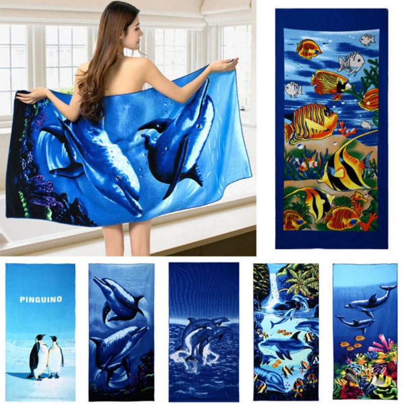 70x150cm Blue Dolphin Penguin Print Absorberande Mikrofiber Strandhanddukar Snabbtorkande Badhandduk