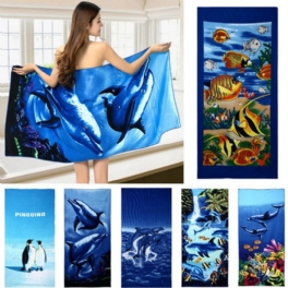 70x150cm Blue Dolphin Penguin Print Absorberande Mikrofiber Strandhanddukar Snabbtorkande Badhandduk