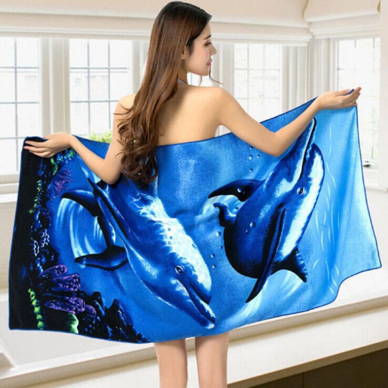 70x150cm Blue Dolphin Penguin Print Absorberande Mikrofiber Strandhanddukar Snabbtorkande Badhandduk