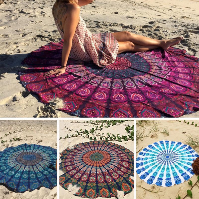 Honana Wx-16 150 cm Bohemian Tunn Chiffong Strandhandduksmatta Mandala Rund Sidenscarf Lakan Gobeläng