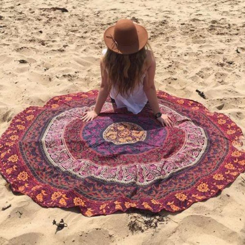 Honana Wx-16 150 cm Bohemian Tunn Chiffong Strandhandduksmatta Mandala Rund Sidenscarf Lakan Gobeläng