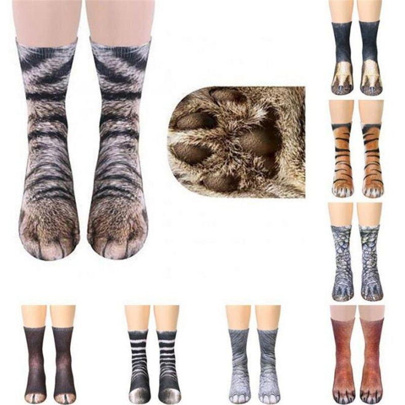 Kreativt 3d-utskrift Vuxen Djur Tassstrumpor Unisex Crew Cat Long Tube Stocks Elastisk Andningsstrumpa Hund Tiger Zebra Pig Cat Paw