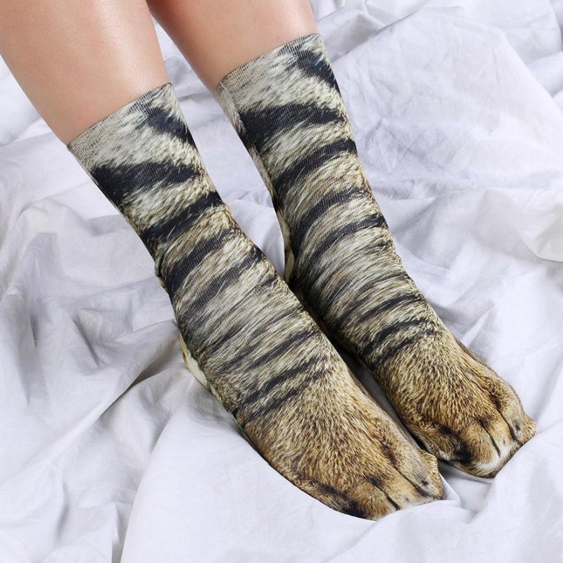 Kreativt 3d-utskrift Vuxen Djur Tassstrumpor Unisex Crew Cat Long Tube Stocks Elastisk Andningsstrumpa Hund Tiger Zebra Pig Cat Paw