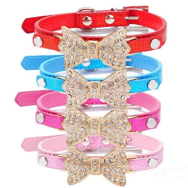 Pet Dog Puppy Pu Bowknot Shiny Rhinestone Collar