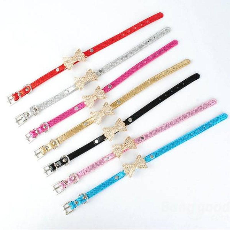 Pet Dog Puppy Pu Bowknot Shiny Rhinestone Collar