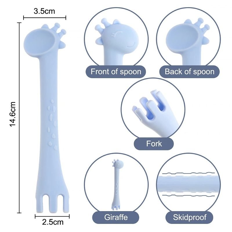 Giraffe Silikon Säkerhetsmatning 3 I 1 Sked Gaffel Och Bitring