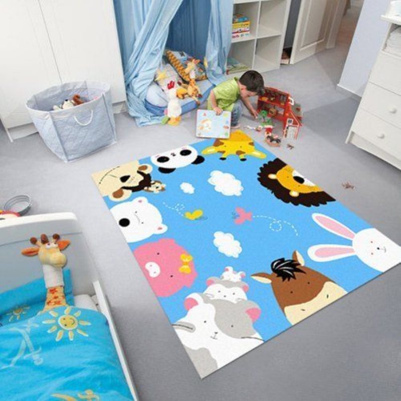 Blue Kids Rug Cartoon Animal Print Mattor Zoo World Barnmattor Och (blue Sky)