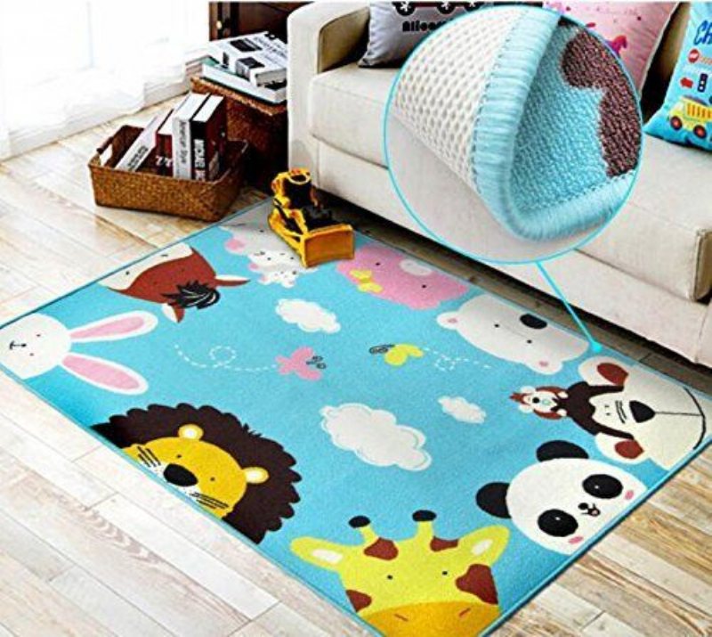 Blue Kids Rug Cartoon Animal Print Mattor Zoo World Barnmattor Och (blue Sky)